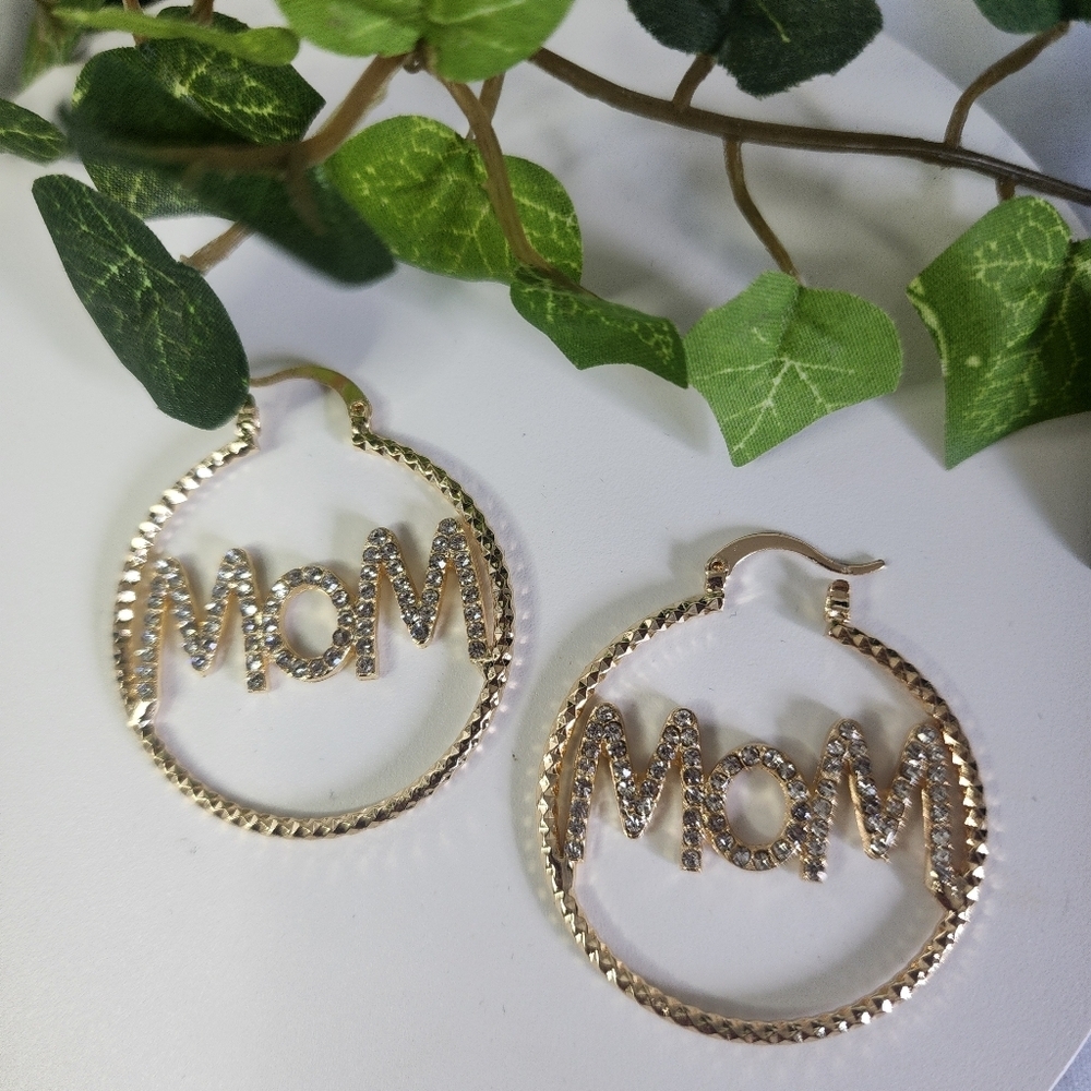 Gold MOM Hoop Earrings New